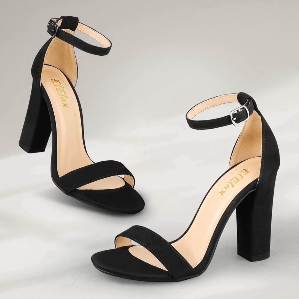 ElElax Heels Chunky Block High Womens Open Toe Sandals Two Strap Ankle Nude 4”